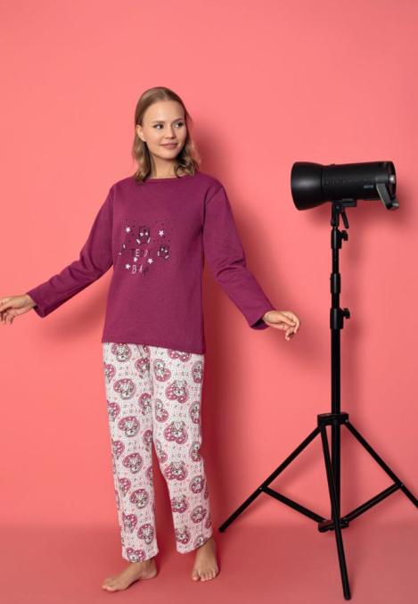 Pijama damă vătuită cu mânecă lungă și pantaloni lungi din bumbac, imprimeu Teddy, Engros